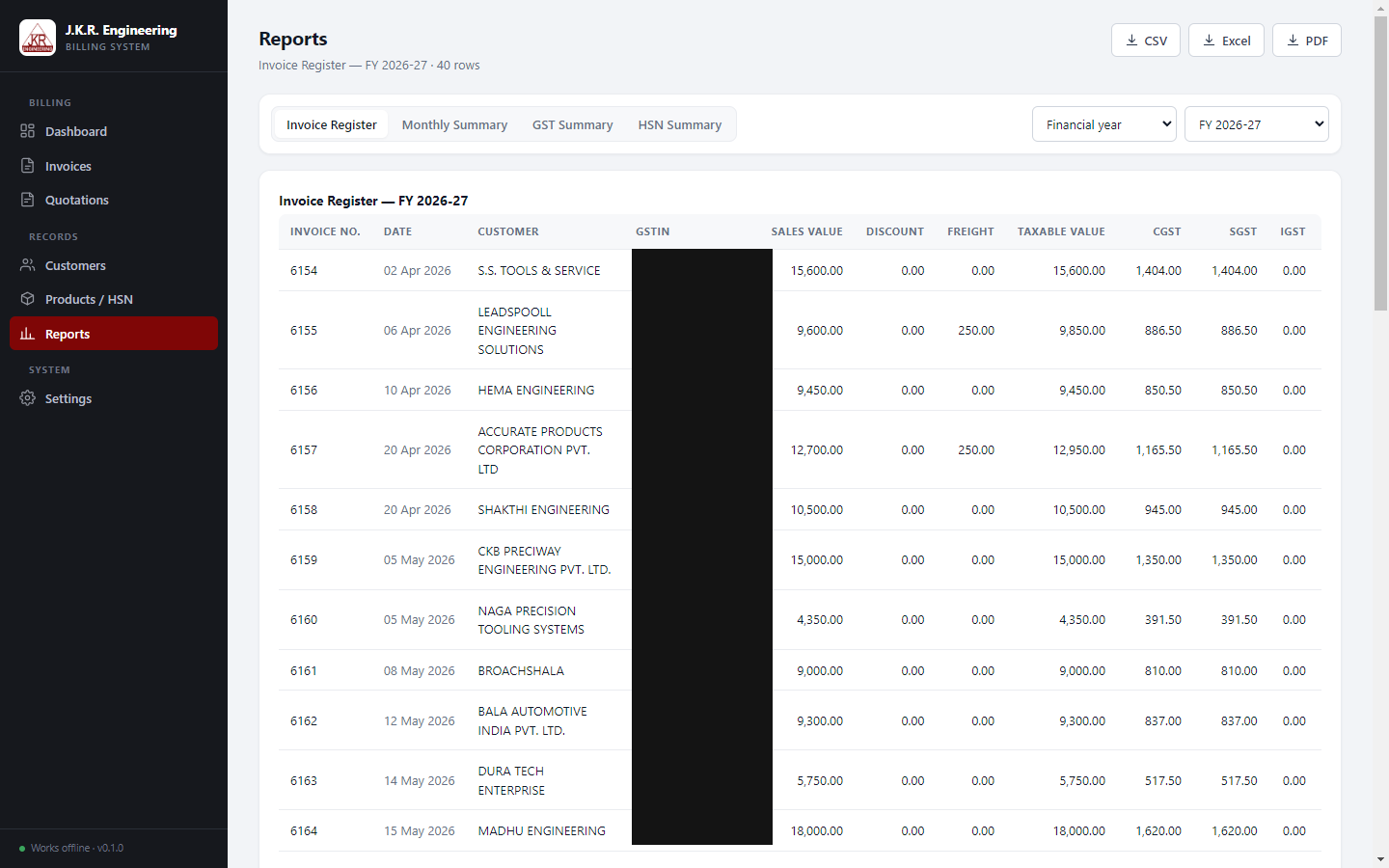 JKR Billing Invoice Register